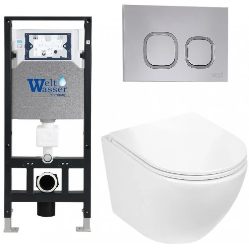 Комплект унитаза с инсталляцией WeltWasser AMBERG 506 + MERZBACH 043 GL-WT + AMBERG RD-CR 10000011303 цвет Белый глянцевый с сиденьем Микролифт и клавишей смыва цвет Хром