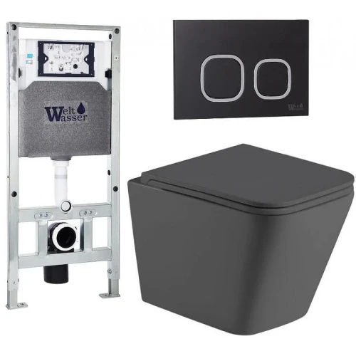 Комплект унитаза с инсталляцией WeltWasser AMBERG 506 ST + GELBACH 043 MT-GR + AMBERG RD-BL 10000012030 цвет Серый матовый с сиденьем Микролифт и клавишей смыва цвет Черный