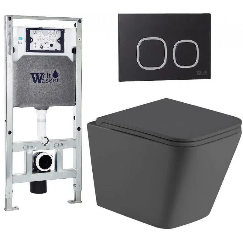 Комплект унитаза с инсталляцией WeltWasser AMBERG 506 ST + GELBACH 043 MT-GR + AMBERG RD-BL 10000012030 цвет Серый матовый с сиденьем Микролифт и клавишей смыва цвет Черный