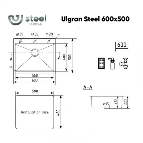 Кухонная мойка Ulgran Steel US 600х500-001 цвет Брашированная сталь