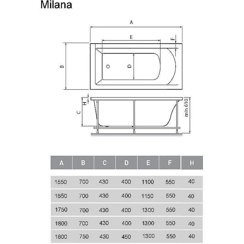 Акриловая ванна Vayer Milana 175x70 Гл000024272 без гидромассажа, с каркасом Гл000024274
