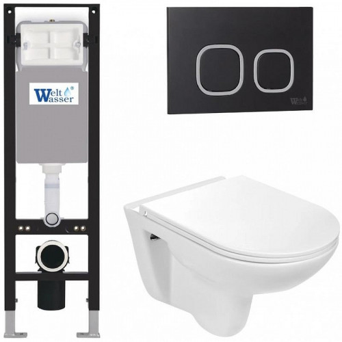 Комплект унитаза с инсталляцией WeltWasser AMBERG 350 + BAARBACH 004 GL-WT + AMBERG RD-BL 10000012284 цвет Белый глянцевый с сиденьем Микролифт и клавишей смыва цвет Черный