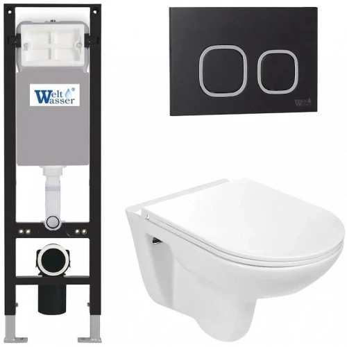 Комплект унитаза с инсталляцией WeltWasser AMBERG 350 + BAARBACH 004 GL-WT + AMBERG RD-BL 10000012284 цвет Белый глянцевый с сиденьем Микролифт и клавишей смыва цвет Черный