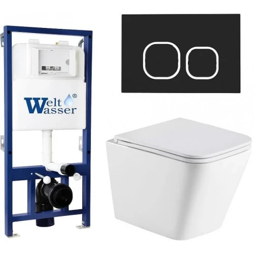 Комплект унитаза с инсталляцией WeltWasser BAMBERG 525 + GELBACH 043 MT-WT + BAMBERG BL 10000012802 цвет Белый матовый с сиденьем Микролифт и клавишей смыва цвет Черный