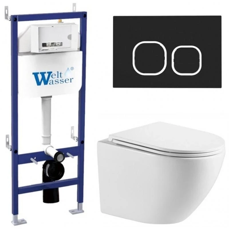 Комплект унитаза с инсталляцией WeltWasser BAMBERG 460 + MERZBACH 043 MT-WT + BAMBERG BL 10000013618 цвет Белый матовый с сиденьем Микролифт и клавишей смыва цвет Черный