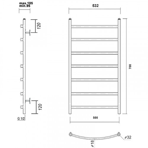 Водяной полотенцесушитель Domoterm Калипсо П7 500x700 Бронза нержавеющая сталь