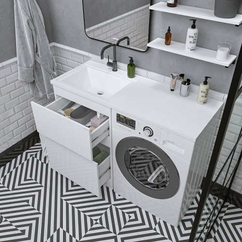 Раковина Grossman Marko Марсал 120 L 5217121 с местом под стиральную машину Белая искусственный камень (литьевой мрамор) с местом под стиральную машину, подвесная, полувстраиваемая