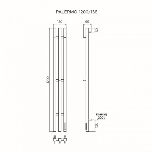 Электрический полотенцесушитель Azario Palermo 150х1200 AZ83916B диммер справа цвет Черный