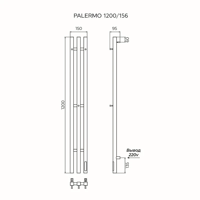 Электрический полотенцесушитель Azario Palermo 150х1200 AZ83916B диммер справа цвет Черный