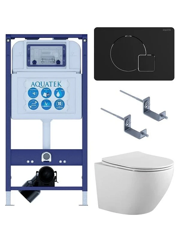 Комплект унитаза с инсталляцией Aquatek Set Aquatek Европа-069 4в1 цвет Белый с сиденьем Микролифт и клавишей смыва цвет Черный матовый