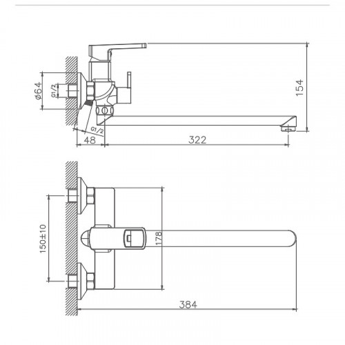 Смеситель для ванны Haiba HB22176 универсальный Хром на стену