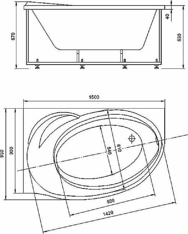 Акриловая ванна Aquatek Бетта 150x95 R BET150-0000058 без гидромассажа с фронтальной панелью с каркасом (разборный) со слив-переливом