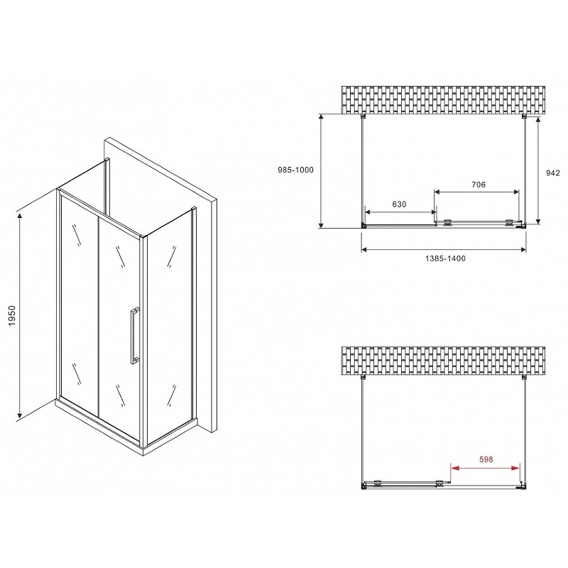 Душевой уголок Abber Schwarzer Diamant 140x100 AG30140BMH-S100BM-S100BM профиль Черный стекло матовое