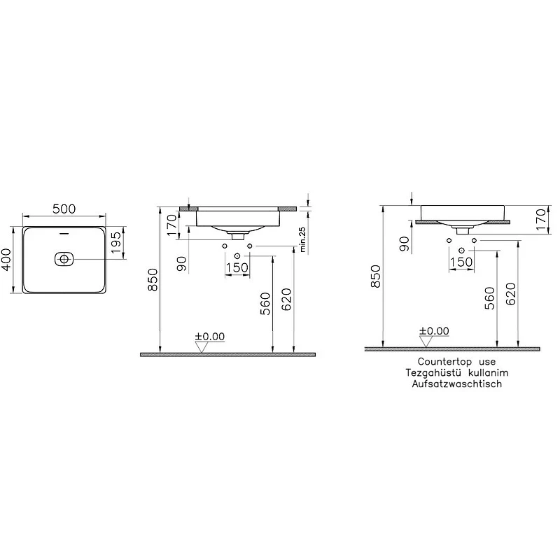 Раковина Vitra Metropole 50 7534B003-0673 Белая фарфор встраиваемая, полувстраиваемая