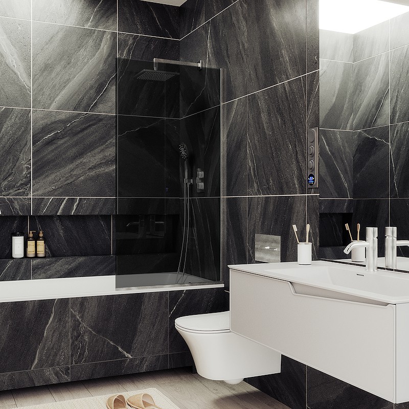 Шторка на ванну Maybah Glass MGV-81-5у 700x1400 в узком профиле Хром матовый стекло графитовое