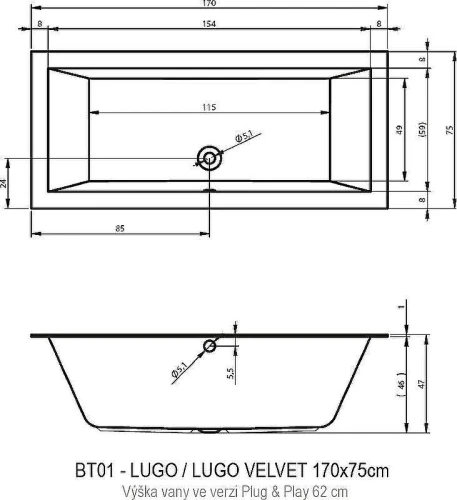 Акриловая ванна Riho Lugo 170х75 L B132016005 (BD6200500000000) без гидромассажа