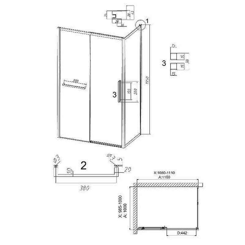 Душевой уголок Grossman Style 110x100 L 120.K33.05.1110.21.02 профиль Черный матовый стекло шиншилла
