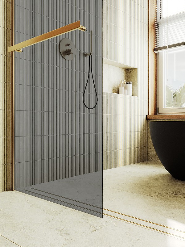 Душевая перегородка Maybah Glass MGD-735-3ш 890x1950 в широком профиле Золото стекло графитовое