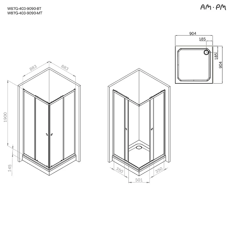 Душевой уголок AM.PM Sunny 90х90 W87G-403-9090-BT профиль Черный матовый стекло прозрачное