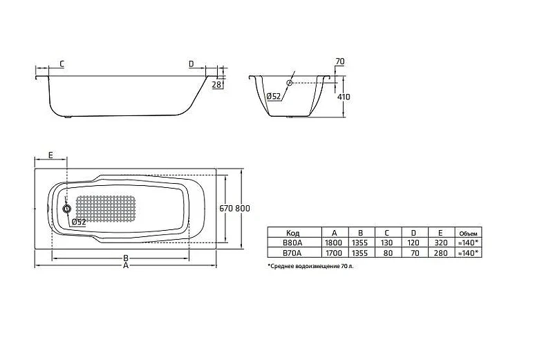 Стальная ванна BLB Atlantica 180x80 B80J б/руч цвет Белый без отверстий под ручки
