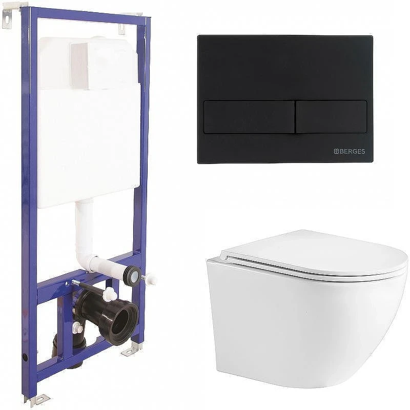 Унитаз с инсталляцией WeltWasser Merzbach 043 GL-WT 10000009939 + Berges Novum L5 040215 с сиденьем Микролифт и Черной матовой клавишей смыва