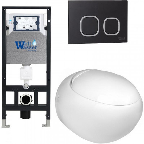 Комплект унитаза с инсталляцией WeltWasser AMBERG 506 + JECKENBACH 004 GL-WT + AMBERG RD-BL 10000006799 цвет Белый глянцевый с сиденьем Микролифт и клавишей смыва цвет Черный