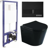 Унитаз с инсталляцией CeramaLux B2330В + Berges Novum L5 040215 с сиденьем Микролифт и Черной матовой клавишей смыва
