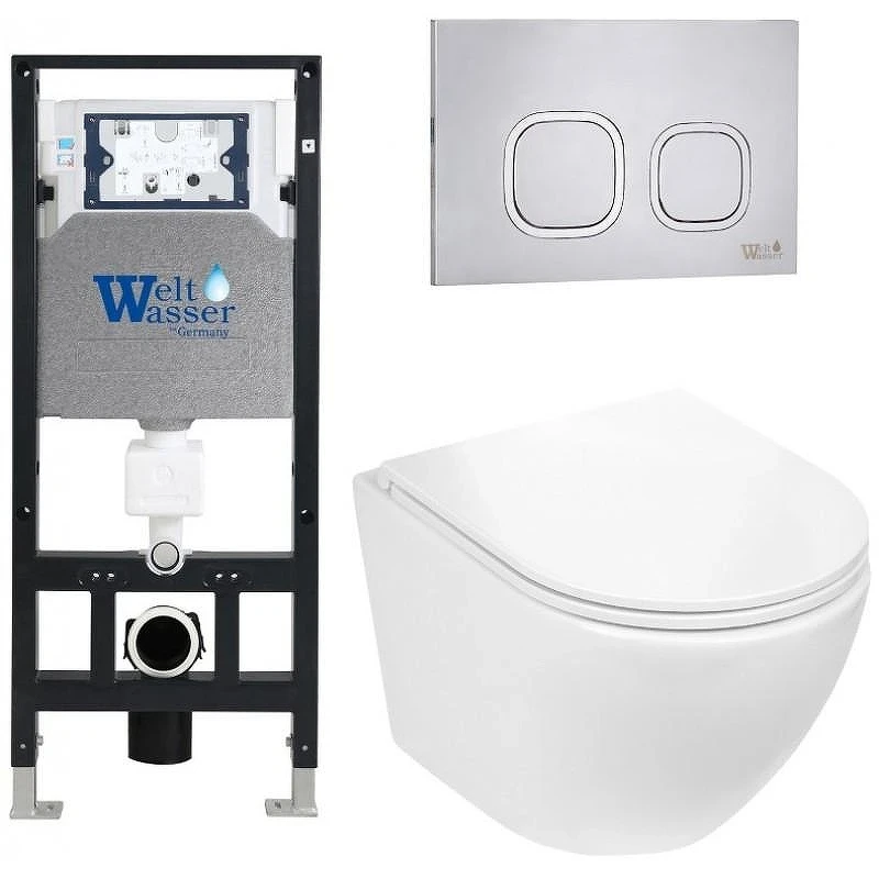 Комплект унитаза с инсталляцией WeltWasser AMBERG 506 + MERZBACH 043 GL-WT + AMBERG RD-MT CR 10000011304 цвет Белый глянцевый с сиденьем Микролифт и клавишей смыва цвет Хром матовый