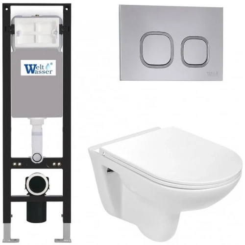Комплект унитаза с инсталляцией WeltWasser AMBERG 350 + BAARBACH 004 GL-WT + AMBERG RD-CR 10000012285 цвет Белый глянцевый с сиденьем Микролифт и клавишей смыва цвет Хром