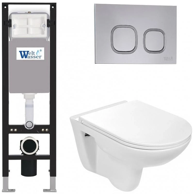 Комплект унитаза с инсталляцией WeltWasser AMBERG 350 + BAARBACH 004 GL-WT + AMBERG RD-CR 10000012285 цвет Белый глянцевый с сиденьем Микролифт и клавишей смыва цвет Хром