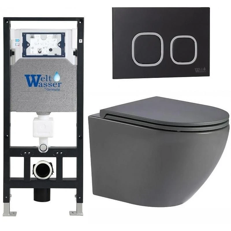 Комплект унитаза с инсталляцией WeltWasser AMBERG 506 + MERZBACH 043 MT-GR + AMBERG RD-BL 10000011380 цвет Серый матовый с сиденьем Микролифт и клавишей смыва цвет Черный