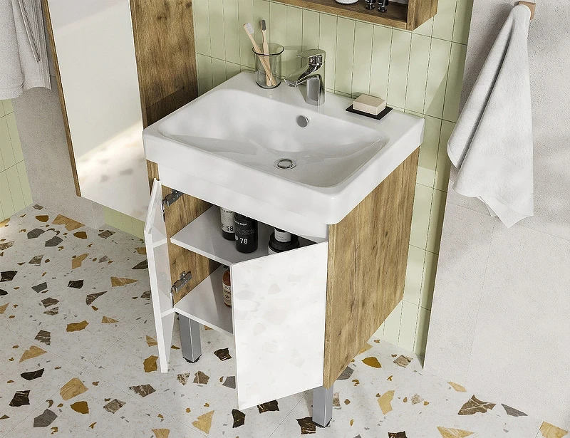 Тумба под раковину Aquaton Сканди Doors 55 1A278801SDZ90 Белый глянец, Дуб рустикальный МДФ / ЛДСП