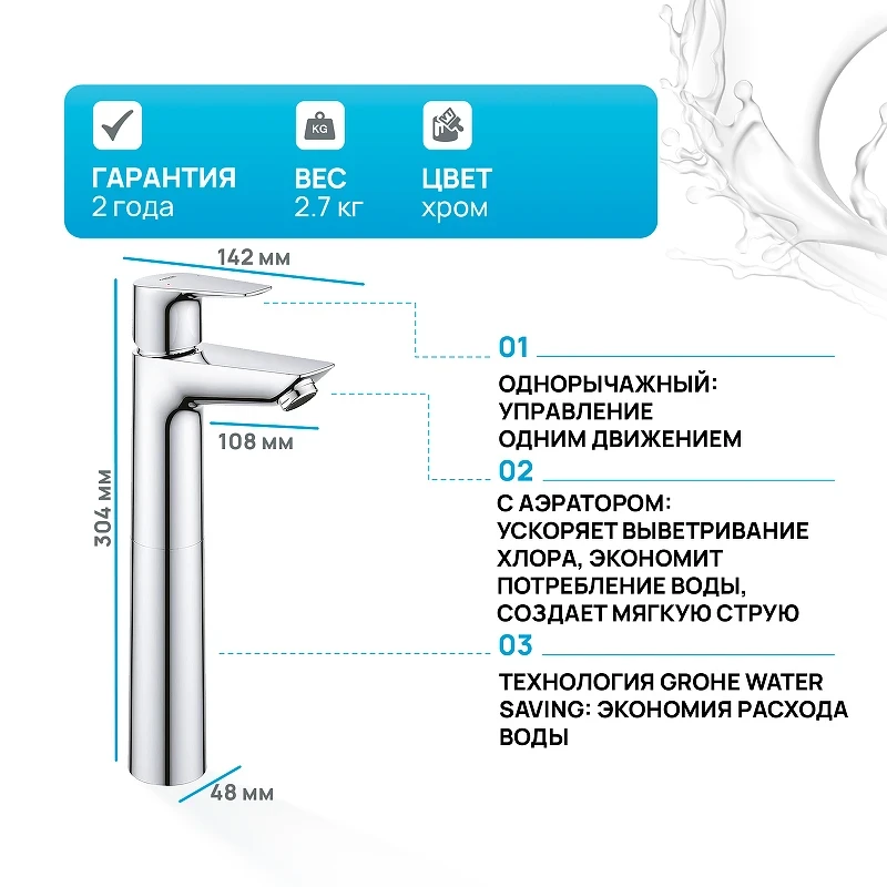 Смеситель для раковины Grohe BauEdge 23761001 Хром латунь