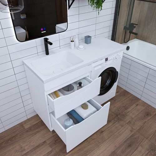Раковина Grossman Madera Камилла 110 L 1101031 с местом под стиральную машину Белая искусственный камень (литьевой мрамор) с местом под стиральную машину, подвесная, полувстраиваемая