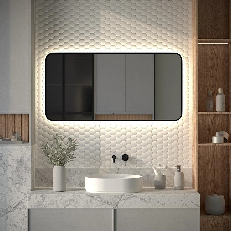 Зеркало Defesto Aura 120х60 DF 2968RH с подсветкой 34W-4500K/ИК - выключатель/Нейтральный белый свет/Черная рама