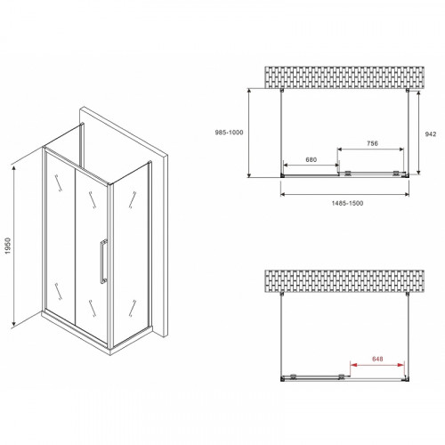 Душевой уголок Abber Schwarzer Diamant 150x100 AG30150BMH-S100BM-S100BM профиль Черный стекло матовое