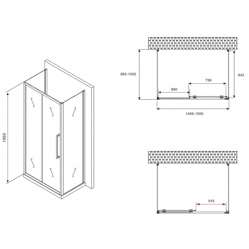 Душевой уголок Abber Schwarzer Diamant 150x100 AG30150BMH-S100BM-S100BM профиль Черный стекло матовое