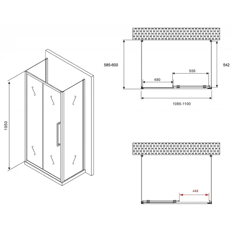 Душевой уголок Abber Schwarzer Diamant 110x60 AG30110MH-S60M-S60M профиль Хром стекло матовое
