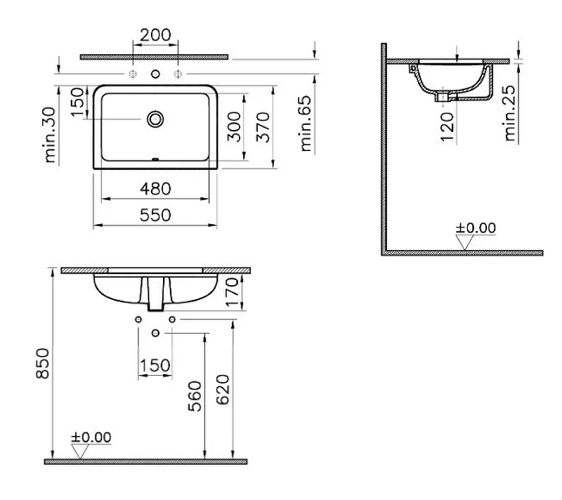 Раковина Vitra S20 55 7475B003-0618 Белая фарфор встраиваемый