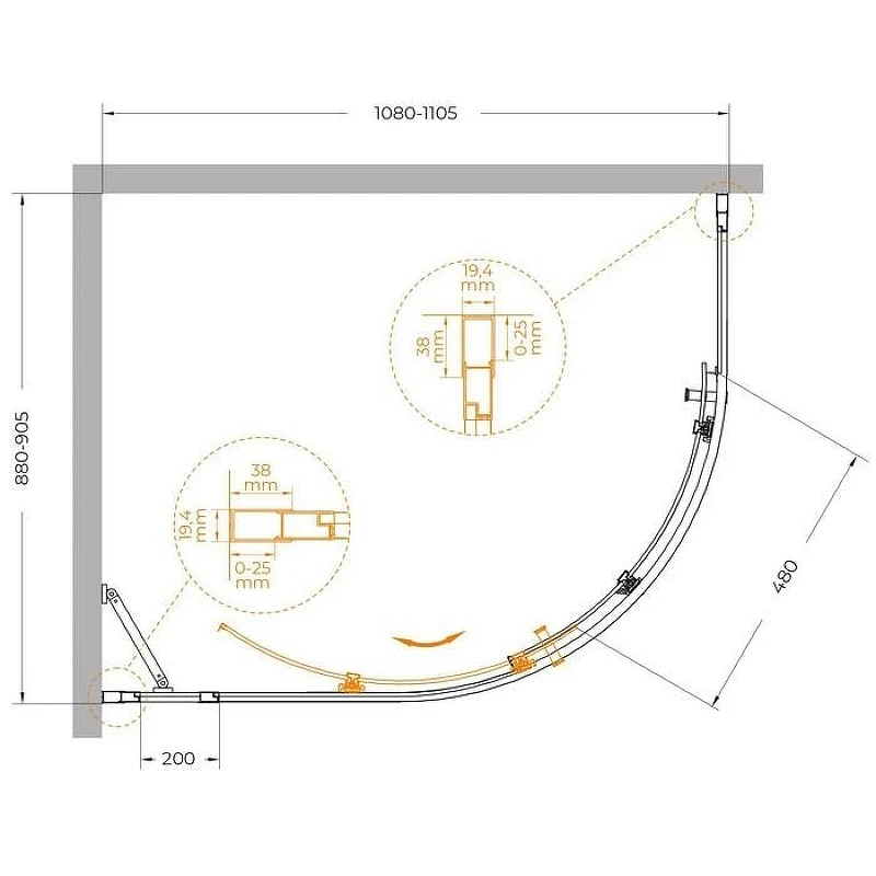 Душевой уголок Cezares Molveno 110x90 MOLVENO-RH-1-110/90-C-BORO-IV профиль Брашированное золото стекло прозрачное
