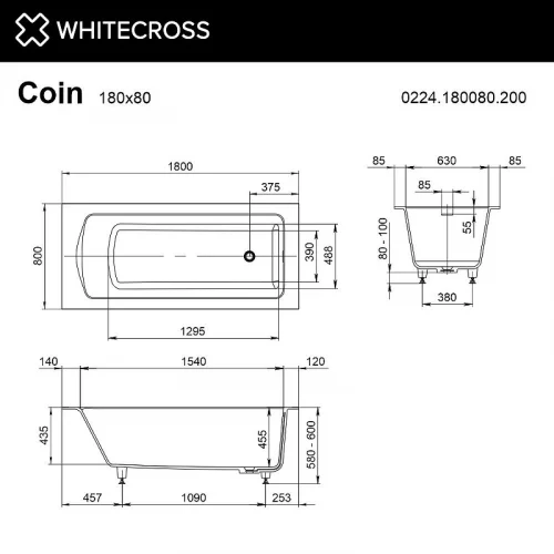 Ванна из искусственного камня Whitecross Coin 180x80 0224.180080.200 цвет Белый матовый