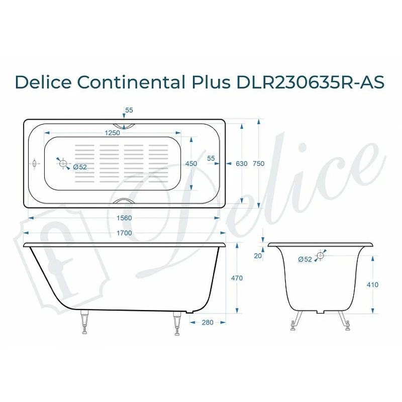 Чугунная ванна Delice Continental Plus 170x75 DLR230635R-AS с отверстиями под ручки с антискользящим покрытием