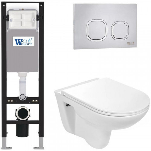 Комплект унитаза с инсталляцией WeltWasser AMBERG 350 + BAARBACH 004 GL-WT + AMBERG RD-MT CR 10000012286 цвет Белый глянцевый с сиденьем Микролифт и клавишей смыва цвет Хром матовый