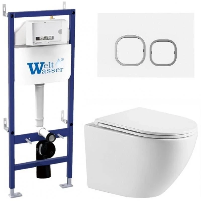 Комплект унитаза с инсталляцией WeltWasser BAMBERG 460 + MERZBACH 043 MT-WT + BAMBERG WT 10000013620 цвет Белый матовый с сиденьем Микролифт и клавишей смыва цвет Белый