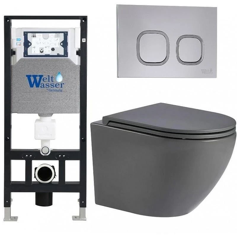 Комплект унитаза с инсталляцией WeltWasser AMBERG 506 + MERZBACH 043 MT-GR + AMBERG RD-CR 10000011381 цвет Серый матовый с сиденьем Микролифт и клавишей смыва цвет Хром