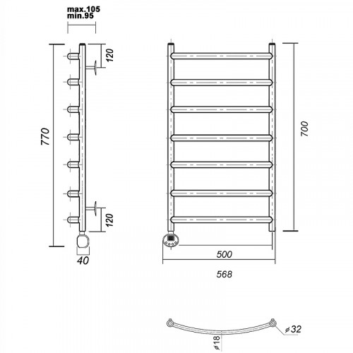 Электрический полотенцесушитель Domoterm Калипсо П7 500x700 EL Золото нержавеющая сталь