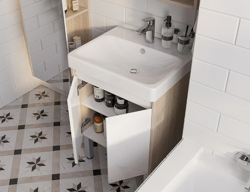 Тумба под раковину Aquaton Сканди Doors 55 1A278801SDB20 Белый глянец, Дуб верона МДФ / ЛДСП