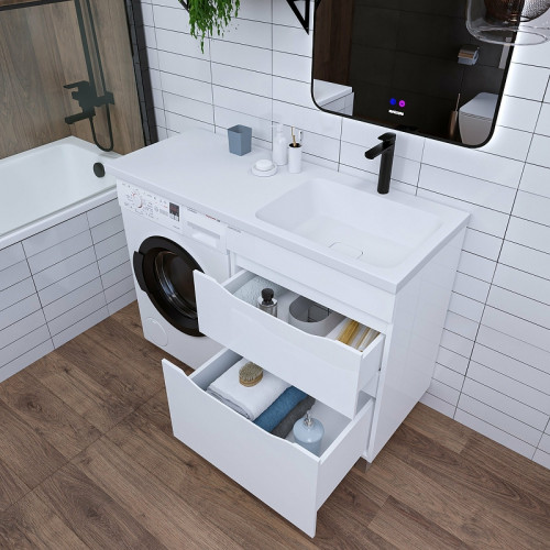 Раковина Grossman Madera Камилла 110 R 1101032 с местом под стиральную машину Белая искусственный камень (литьевой мрамор) с местом под стиральную машину, подвесная, полувстраиваемая