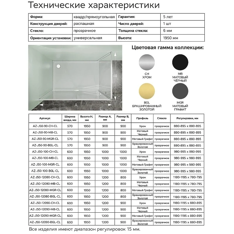 Душевой уголок Azario Male 120х90 AZ-J50-12090-BGL-CL профиль Брашированное золото стекло прозрачное