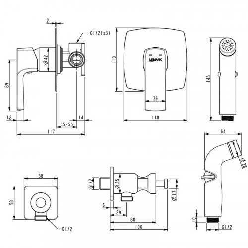Гигиенический душ со смесителем Lemark Ursus LM7219BL Черный латунь встраиваемый